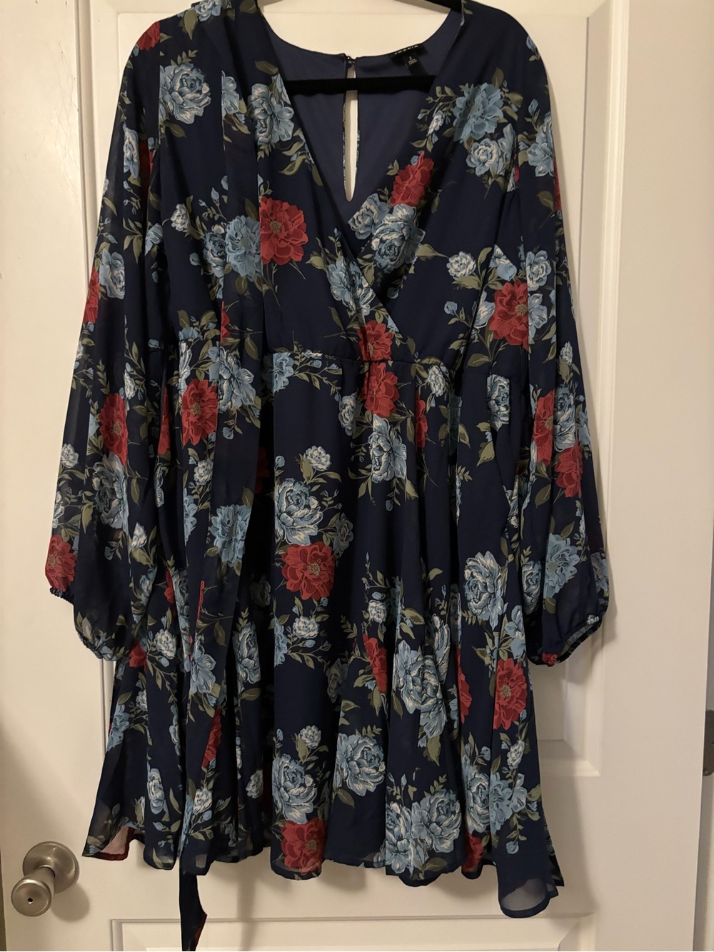 torrid Navy Wrap Dress with Red & Light Blue Floral Print